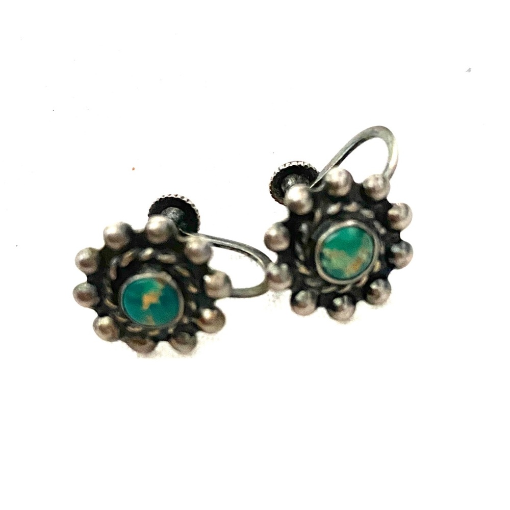 Vintage screw-back genuine silver & turquoise earrings (Civil War era)